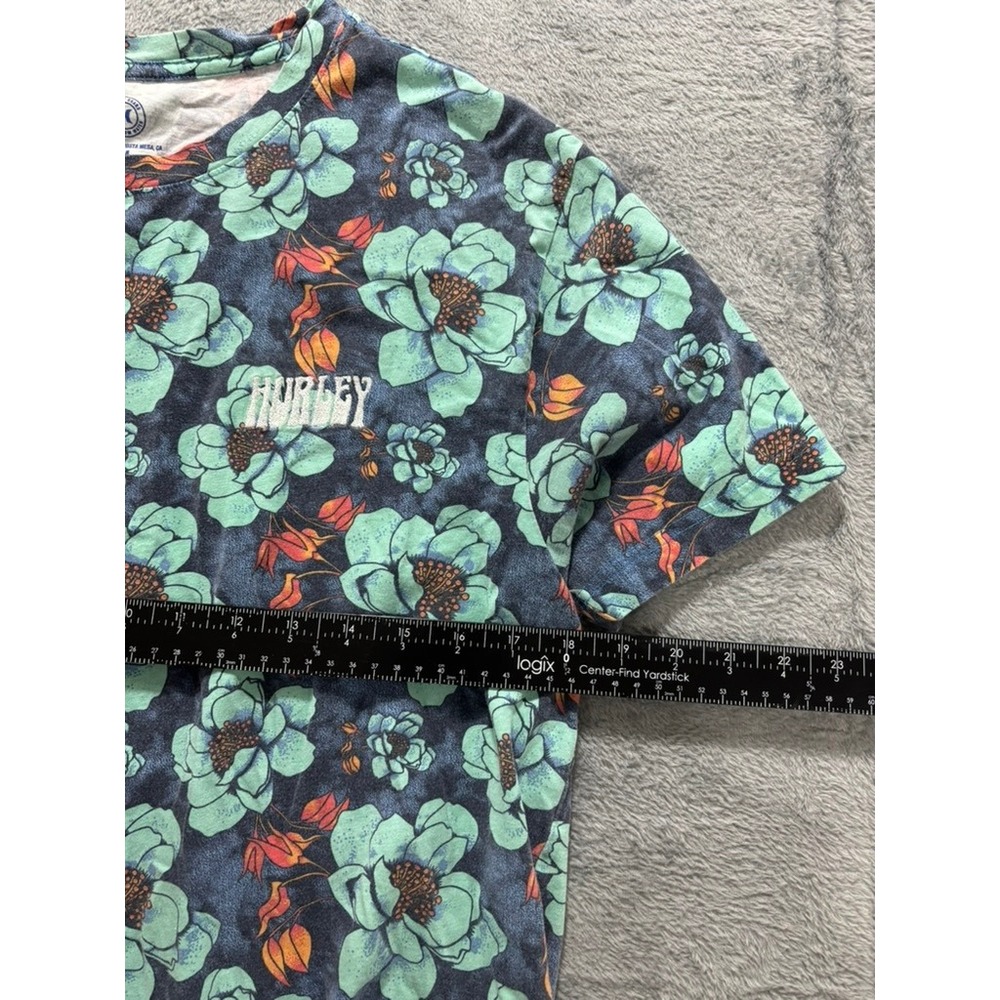 Hurley Floral T Shirt Men Medium Blue Green Tropical Cotton Short Sleeve - Picture 7 of 8